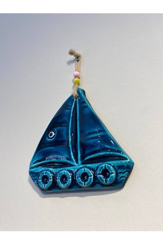 El Yapımı Nazar Boncuğu, Duvar Dekorasyon Ürünü, Seramik, El İşçiliği, Turkuaz Renkte Sandal Desenli -