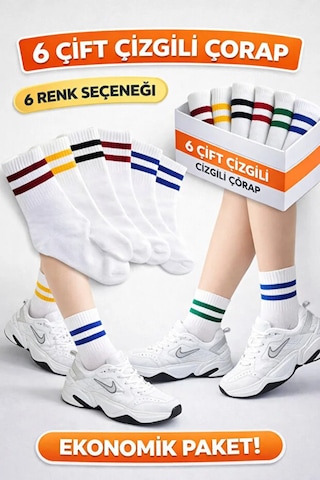 Festival Socks 6 Çift Unisex Çizgili Pamuklu Tenis Kolej Çorap Seti beyaz