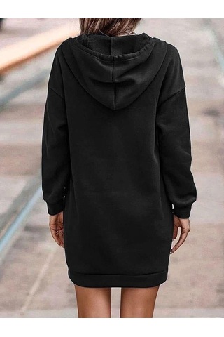 Kadın Uzun Kollu Kapşonlu Bağcıklı Önden Düğmeli Ve Cepli Iki Iplik Şardonlu Elbise Siyah