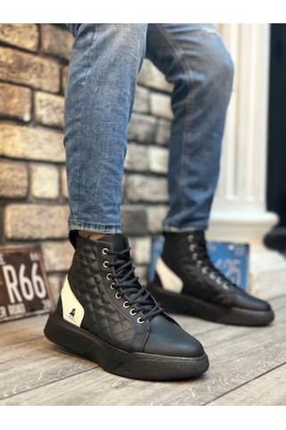 Ba0159 Bağcıklı Erkek Yüksek Taban Siyah Beyaz Spor Bot Siyah
