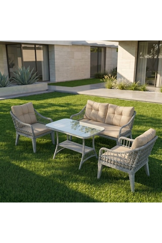 Kaş 2+1+1+sehpa Bahçe Balkon Mobilyası,gri Rattan/Kumaş Bej