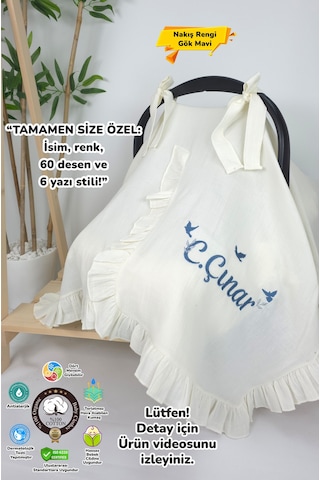 Gros Shop Müslin Yeni Doğan 4katlı Organik %100pamuk Kişiye Özgü Nakışlı Hastane Çıkış Seti-3'lü Kuş Model Ekru-3