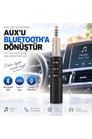 Bluetooth Aux Araç Kiti 5.0 3.5 Mm Adaptör Type-c Şarjlı Mikrofonlu