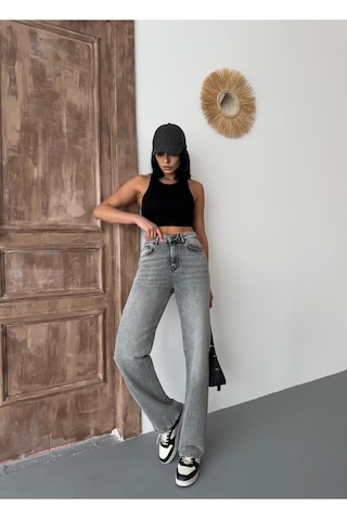 Kadın Straight Likralı Yüksek Bel Boru Paça Kot Pantolon Orta Füme Gri+ortafüme