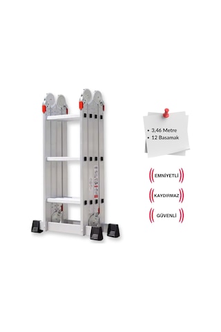 Endokon Platformlu 3,46 Metre - 12 Basamaklı Katlanır Akrobat Merdiven - Büyük Menteşe - Kalın Profil