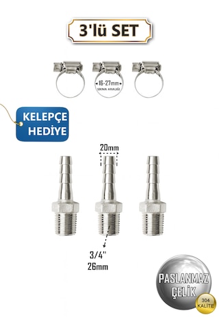 Paslanmaz Hortum Rekoru - 3/4inç Rekor + Kelepçe 3'lü Set - Krom Çelik Hortum Ucu - 304 Kalite 3/4''