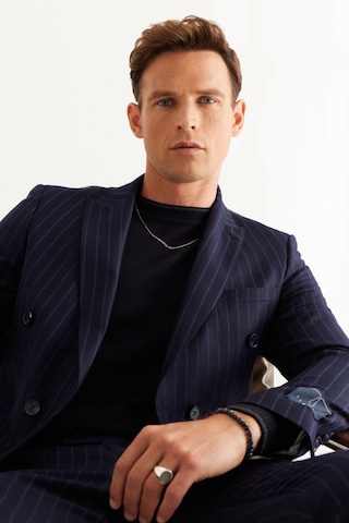 Ac&Co / Altınyıldız Classics Erkek Lacı Slim Fit Dar Kesim Kırlangıç Yaka %100 Yün Çizgili Takım Elbise Lacı Lacivert