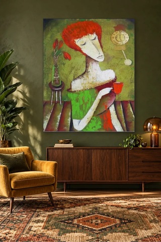 Fida Kızıl Saçlı Kadın Çay Molasında Canvas Tablo Çok Renkli