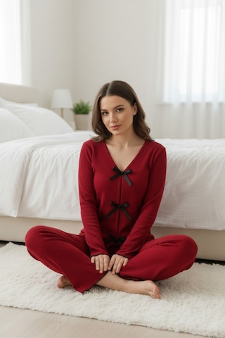 Epilons Zenvial Kadın Bordo Fiyonklu İç Çamaşırı Ve Uzun Kollu V Yaka Pijama Takımı 4'lü Set Zenviall2