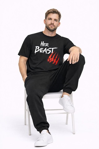 Sevgili Kombini Her Beast His Beauty Oversize Çift Tişört Unisex Siyah