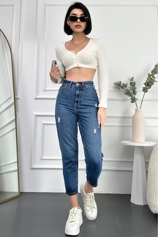 Mavi Yıpratmalı Kadın Boyfriend Jean Yüksek Bel Kot Pantolon Mabel Model 001