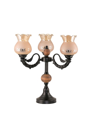 Üçlü Şamdan Masa Lambası Abajur Siyah Bal Rengi Camlı Siyah