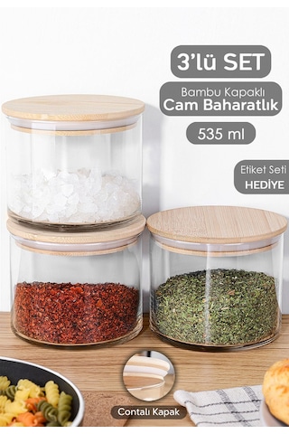 3'lü Etiketli Bambu Kapaklı Cam Baharatlık Seti - Baharat Saklama Kabı Vakum Kapaklı Kavanoz 535 Ml ŞEffaf
