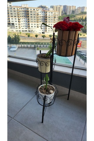 3 Hazneli Metal Bitki Standı / Çiçeklik - 18 Cm Saksı Uyumlu - Si
