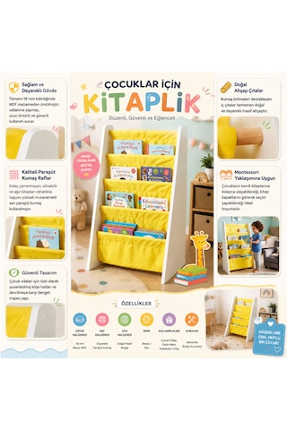 Çocuk Odası Bez Raflı Montessori Kitaplık - 4 Katlı 18mm Beyaz Mdf Ahşap Kitap Organizeri Sarı