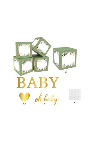 Küf Yeşili Temalı Baby Shower Set Adaçayı Baby Kutu, Ayıcık Folyo Ve Lateks Balon Set Yeşil