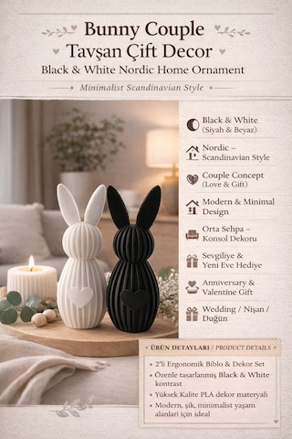 Bunny Couple Decor / Tavşan Çift Figür /black & White Nordic Home Ornament / Modern Dekor Hediyelik