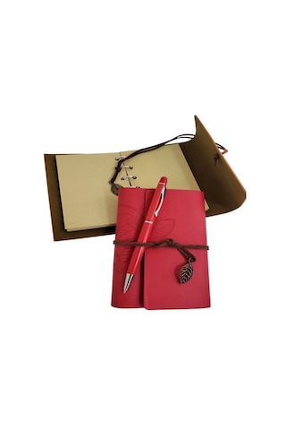 Ahşap Kutulu Kırmızı Deri Defter Ve Metal Kalem Set Çok Renkli