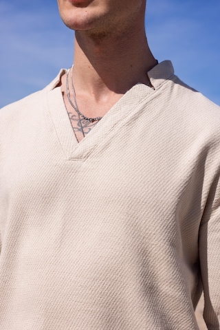 Bej Renk V Yaka Gömlek Şort Erkek Yıkamalı Keten Takım-1737 Bej