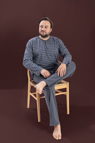 Seamlife Erkek Büyük Beden Bisiklet Yaka 3 Düğmeli Mevsimlik Uzun Kollu Pijama Takımı Gri