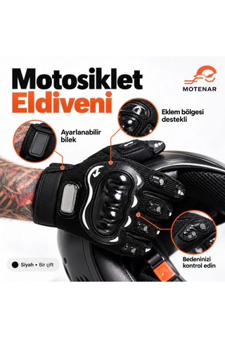 Motenar Motosiklet Eldiveni Siyah Bilek Ayarlı Bir Çift
