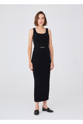 Peraluna Örgülü Kaşmir Karışımlı Kalem Kadın Triko Etek Siyah