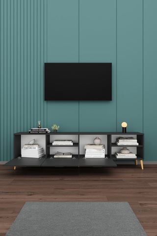 Asra Trend Tv Ünitesi T-21 %100 MDF 200 cm Büyük Boy Tv Sehpası Dolaplı Raflı Koyu Gri