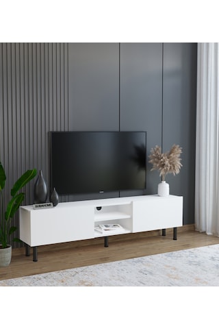 Minimalist 160 Cm Düşme Kapaklı Demir Ayaklı Mdf Beyaz Tv Ünitesi