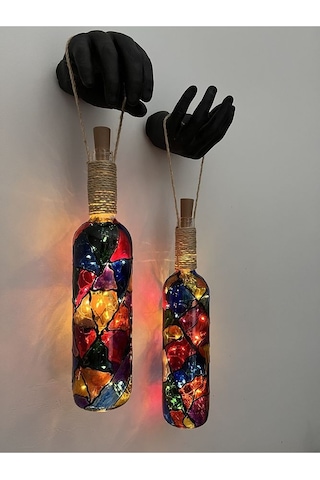 Siyah Renkli Erkek Eli Heykeli Ve Tıpa Peri Led Işıklı Vitray Cam Çok Renkli