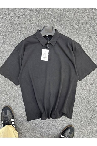Erkek Polo Yaka Oversize T-shirt SIYAH