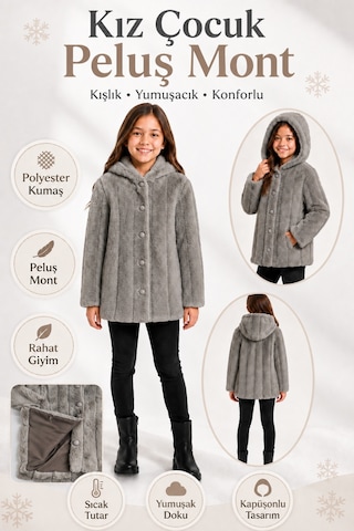 Ahengim Kız Çocuk Kışlık Kapüşonlu Düğmeli Astarlı Dikey Çizgili Peluş Mont Ak4510 Gri