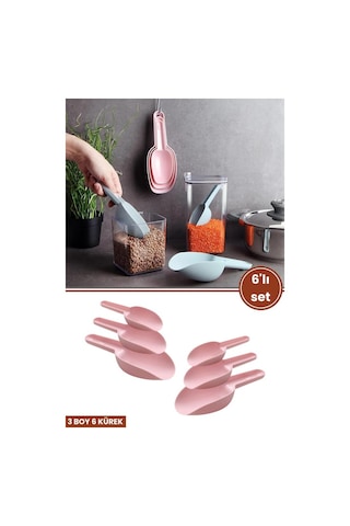 6 Adet Baharat Küreği, Un Şeker Bakliyat Kakao Mama Deterjan Erzak Kaşığı 6 Lı Set 2x 3 Boy Pembe Pembe