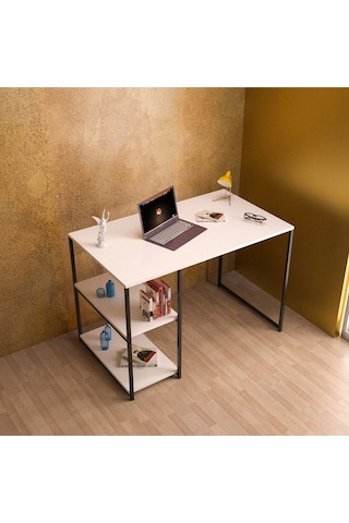 Çalışma Masası Yandan Raflı Beyaz Beyaz