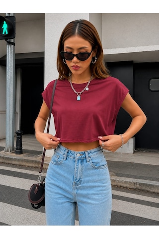 Bonnywıll Bonnywılll Bisiklet Yaka Düşük Kol Crop T-shırt Kırmızı