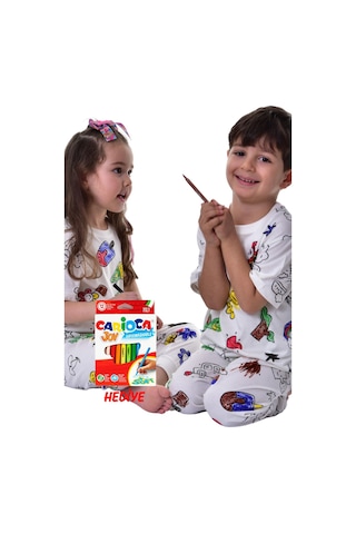 Zuzunga En Sevimli Figürler Özel Kalemi İle Boyanabilir Çocuk Pijama Takımı 12'li Kalem Seti Beyaz
