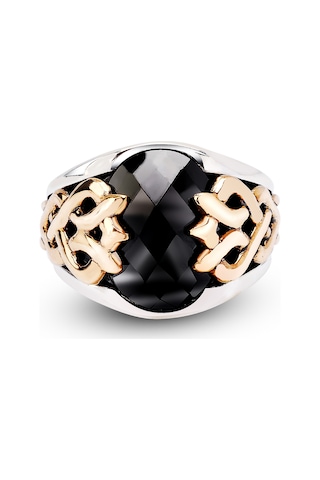 Kuyumcudukkanı Oval Taşlı Bronz Parçalı Elyapımı Gümüş Erkek Yüzük-60010-w-blk 33 Beyaz
