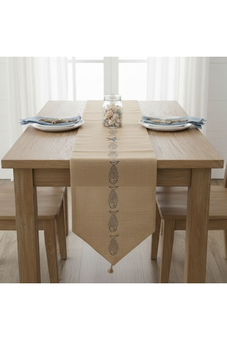 Dyris 200x50 Cm Jüt Runner Balık Desenli Doğal Hasır Masa Örtüsü Rustik & Bohem Dekoratif Runner Acı Kahverengi