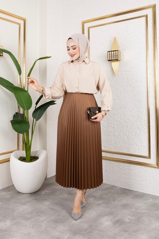 Hira Life Fashion Kadın Tesettür Giyim Ve Deri Görünümlü Beli Lastik Detayı İle Piliseli Uzun Etek Kahverengi Kahverengi