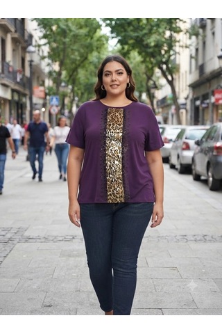 Modasehle Büyük Beden Orta Leopar Şerit Mürdüm Bluz