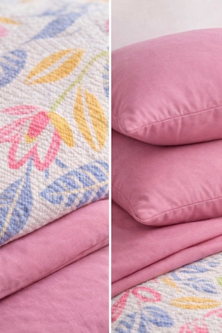 Faralya Life Baskılı Çift Kişilik Pike Takımı 200x220 Cm Pike 240x260 Çarşaf 2 Adet 50x70 Yastık Kılıfı %100 Pamuk Yumuşak Dokulu Yatak Örtüsü Seti Pembe