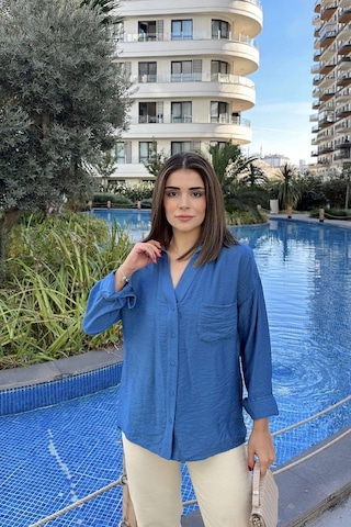 WeShaya Kadın İndigo V Yaka, Uzun Kol, Airobin Kumaş, Arkası Pliseli, Salaş Gömlek Indigo