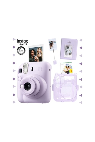 Fujifilm Instax Mini 12 Fotoğraf Makinesi + 20'li Film + Kıskaçlı Stand + Pvc Albüm + Simli Pleksi Kılıf Seti Lila
