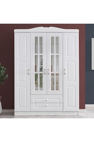 setaymobilya Gardırop, Country West 4 Kapaklı Çekmeceli Aynalı Mdf Dolap Beyaz