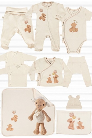 Tinylamb Fluffy Bear Oyuncaklı Organik Yenidoğan Hastane Çıkış Seti - 11 Parça Krem
