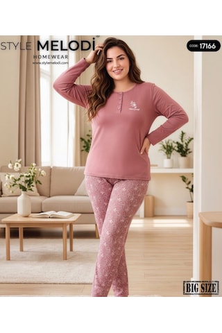 Melodi 17166 Uzun Kol %100 Pamuk Battal Büyük Beden Kadın Pijama Takımı GÜL KURUSU