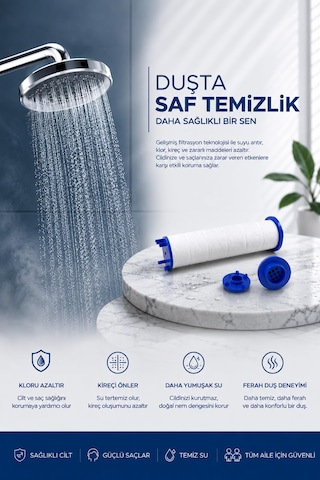 Filtreli Beyaz Duş Başlığı 5 Yedek Filtreli Su Arıtmalı, Klor Ve Kireç Önleyici, Yüksek Basınçlı