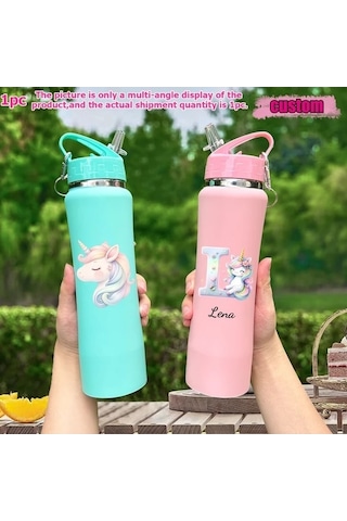 Trendooze Gaojunshop01 25oz Unicorn Vakum Termos, Uv Baskılı Paslanmaz Çelik Matara, Özel İsimli, Pembe Pembe