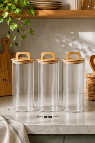 Aria- 3'lü Borosilikat Bambu Kapaklı Kavanoz 1300 Ml Düz Şeffaf