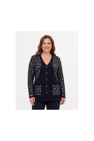 Onno Style Women Simli Leopar Desen Klasik Düğmeli Ceket Lacivert