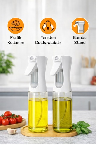 2'li Bambu Altlıklı Sprey Cam Yağdanlık - Airfryer Yağlık Fritöz Yağ Püskürtücü Beyaz 300 Ml Şeffaf